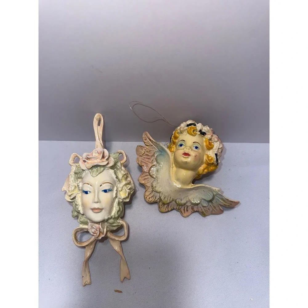 Vintage Ceramic Wall Hanging Set Cherub Angel Lady Face Mask Rose Ribbon Decor